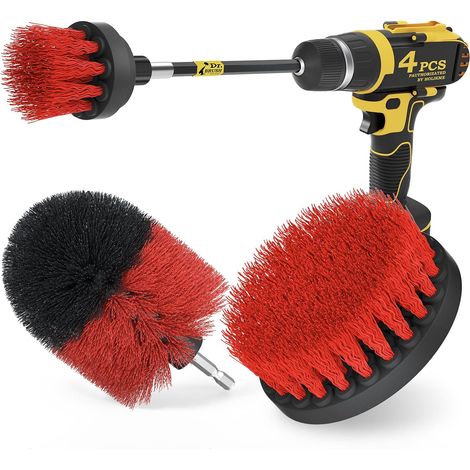 Lot de 4 brosses de perçage Electrobrosse Brosse de nettoyage Set d'embouts longs pour sols, salles de bains et cuisines, Rouge (1/2)