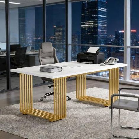 REDOM - Bureau 180x79x78 cm - plateau spacieux - patins réglables - structure en métal et bois - blanc et doré (1/5)