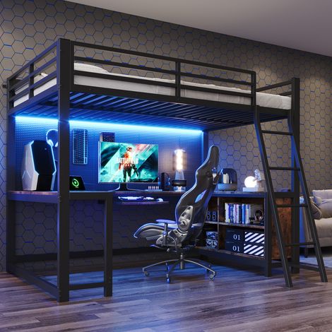 Lit mezzanine - 120x200 cm - bureau intégré - éclairage led - échelle intégrée - prises intégrées - noir et décor bois vintage (1/5)