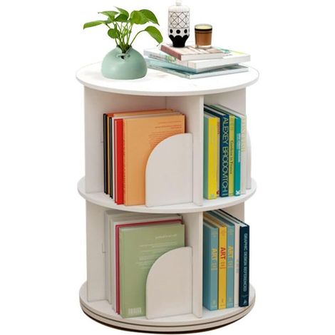 Drehbares Bücherregal, freistehendes Aufbewahrungsregal, 360 ° Drehbares Weißes Bücherregal Rundes Bücherregal Zeitschriften A4 Papiere Organizer, für Home Office Wohnzimmer, Weiß 2 Ebenen
