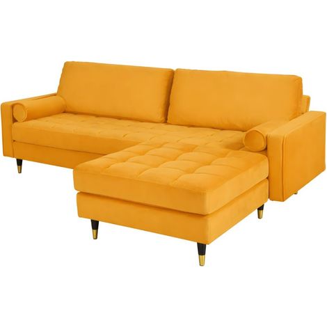 Divano ad angolo reversibile KOLIRI giallo – Divano design in velluto con pouf abbinato