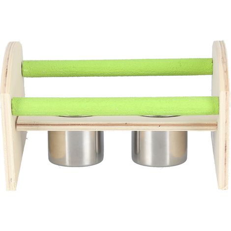 Perchoir en bois naturel pour perroquet avec jouet, plateau de dressage, mangeoire et cône à friction vert, accessoire de volière pour perruches, inséparables et petits oiseaux (coffret carton) (1/5)