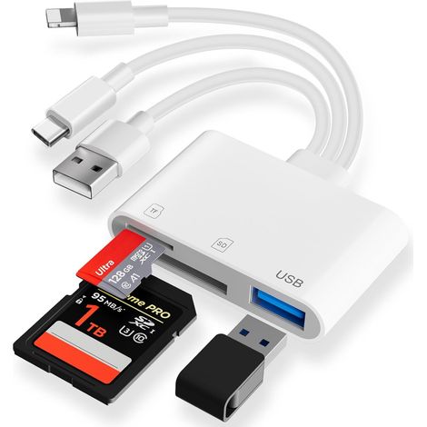 Adaptateur Carte SD USB pour iPhone, Lightning USB A/C Lecteur Carte SD pour SD/Micro SD/USB, Lecteur de Carte mémoire, Prend en Charge SDHC/SDXC (1/5)