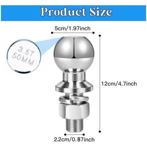 Boule d'attelage 50mm 3,5T – Acier robuste pour remorquage – Capacité jusqu'à 3,5 tonnes – Installation rapide sur remorque