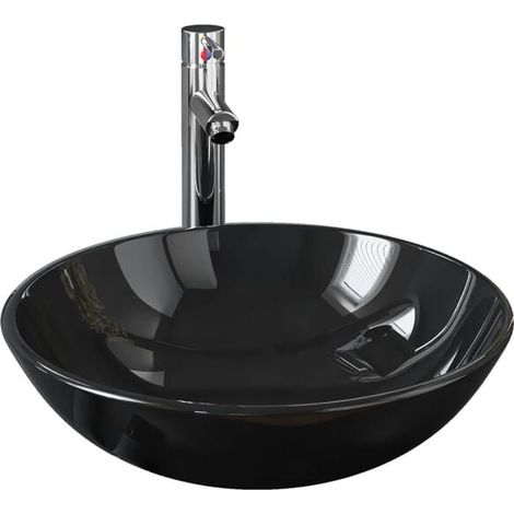 Lavabo de salle de bain avec robinet et bonde à bouton-poussoir. En verre trempé.