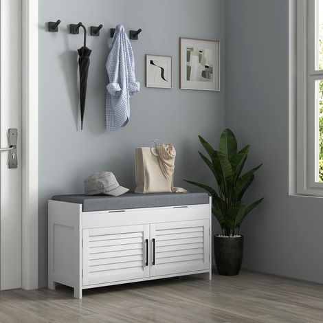Banco zapatero con estante interior ajustable en 3 niveles, zapatero delgado de MDF y tela efecto lino, 90x36x50 cm, blanco y gris.