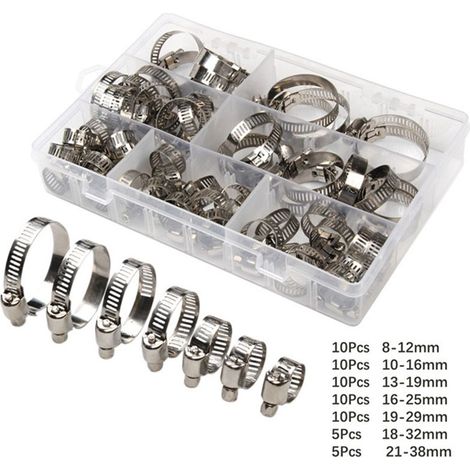 60 Pièces/8-38 mm,Collier de Serrage Réglables, Tuyau Clips, Colliers de Serrage en Acier Inoxydable, Pinces de Tuyau pour Tube A'automobiles, Piscine (1/4)