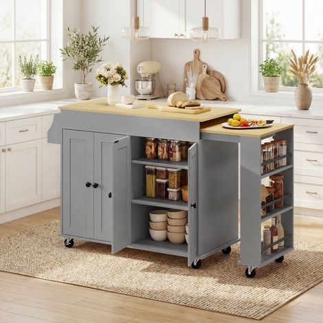 Isla de Cocina con Ruedas Encimera Extensible 4 Puertas Estantes Ajustables Especiero y Soporte para Toallas Gris (1/5)
