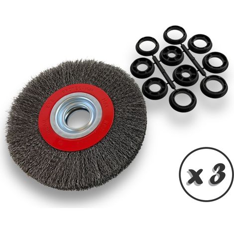 Lot de 3 brosses circulaires ACIER  Ø 175 mm  Epaisseur 3 rangs  Fil dur 0.30 mm ondulé  Alésage 32 mm + réducteur bague 25/22/20/16/12 mm  Touret affûteuse ponceuse  Kibros 235178ATx3 (1/5)