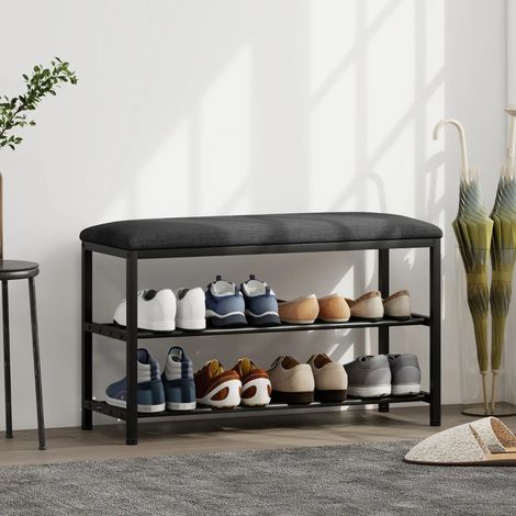 Schuhbank mit Sitzfläche, Sitzbank mit Stauraum, Schuhregal mit 2 offene Fächer, Sitzbank 81 x 31 x 50 cm Schwarz