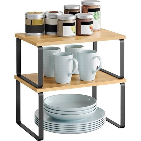 Ecleanfy - Organisateur épices 2-en-1 extensible. Design empilable pour placard, gain de place maximal. Couleur noir/beige élégante. (1/5)