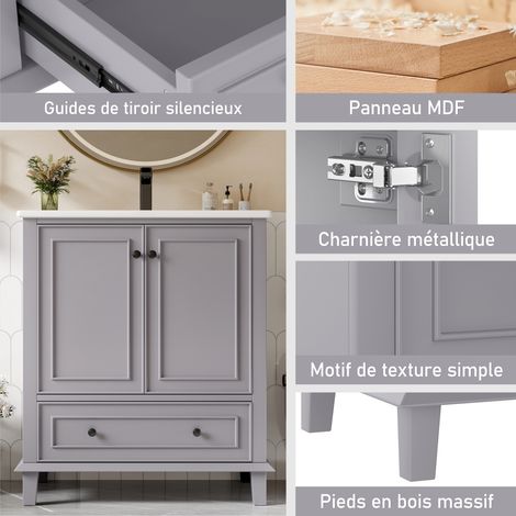 Meuble de salle de bain sur pied 76x46x87cm avec lavabo, meuble vasque, pieds en bois massif, finition laquée intégrale, résistant à l’humidité et à l’eau, grand espace de rangement, lavabo en céramiq (1/5)