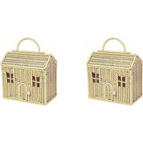 Deux paniers en rotin en forme de chalet avec couvercles, des étagères de rangement décoratives tissées à la main avec poignées pliables, des paniers en osier pour les récoltes. (1/5)