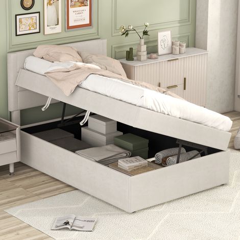 MEUBLIV Lit 90x200 cm beige – cadre rembourré avec rangement et sommier, sans matelas (1/5)
