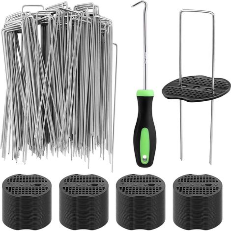 50 Pcs piquets de Jardin,avec 50 Rondelles Sardine,1 Crochet de cueillette,Ø 2.5mm Piquets de Fixation en Acier Galvanisé Forme de U pour Toiles de Paillages,Filets (1/5)