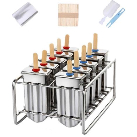 Set mit 10 Eisformen aus Edelstahl und Ständer, inklusive 10 quadratischen Formen für Eis am Stiel. (1/5)