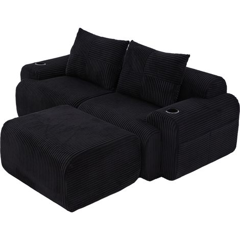 Divano modulare a 2 posti in tessuto corduroy nero con pouf, portabicchieri e tasca laterale (1/5)