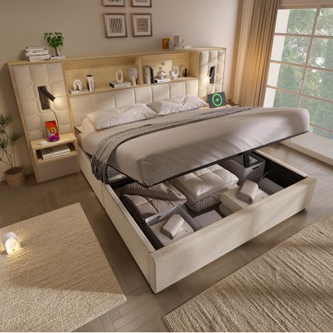 Cama matrimonio almacenaje 160x200 lino beige OKMYHOME (1/5)