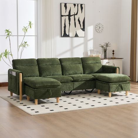 Canapé modulable 4 places avec 2 poufs à coffre, tissu vert, assise avec mousse et ressorts, rangement latéral, configuration en U ou méridienne, 261 x 77 x 86 cm – CHICFURN (1/5)