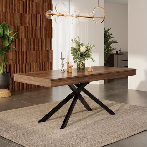MODFU – Tavolo allungabile 140-180x80 cm in MDF/metallo con piano noce, gambe incrociate, per 6-8 persone e carico 60 kg – Noce (1/5)