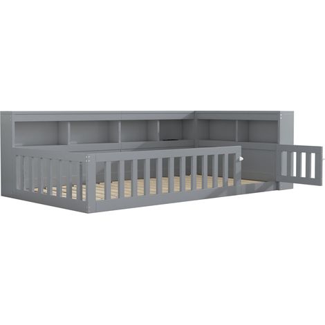 Cama diván 90 x 200 cm gris con almacenaje, somier de láminas, enchufes y USB, sin colchón (1/5)