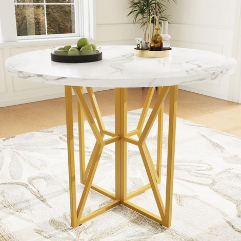 Table ronde à manger (80 x 80 x 76 cm), table ronde légère et luxueuse pour 4 à 6 personnes, adaptée à la salle à manger et au salon, pieds dorés, plateau de table en marbre en MDF (1/5)