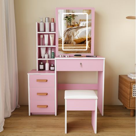 Coiffeuse 85x36x130 cm rose en MDF avec miroir LED, tabouret et 4 tiroirs