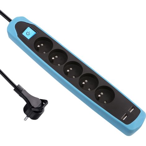 Bloc Multiprise 5 prises et 2 USB, Couverture en silicone protection contre impacts, Câble 2M, Fiche plat (1/2)
