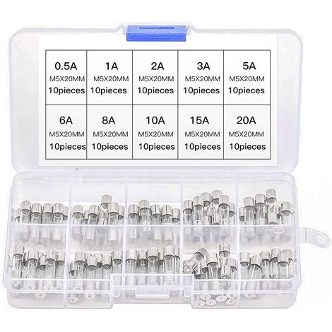 Glass Fuse, 100 Pieces Glass Tube Fuses Fast Blowing Car Glass Tube Fuses Assorted 0.2A 0.5A 1A 2A 3A 5A 8A 10A 15A 20A (1/5)