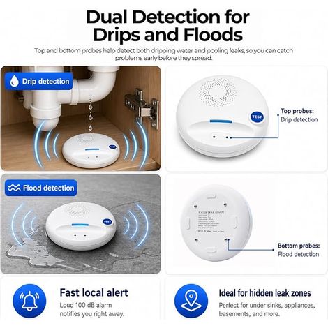 Dual Sensor Wireless Water Leak Detector - Flood Alarm 100dB (1/4)