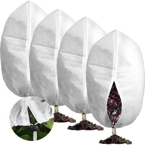 Housse Hivernage Plante, Lot de 4 Voile Hivernage Plante Exterieur 60x80cm Avec Fermeture Éclair et Cordon de Serrage, 70g/m² Housses de Protection pour Plantes, Anti-Gel et Intempéries, Réutilisable (1/5)