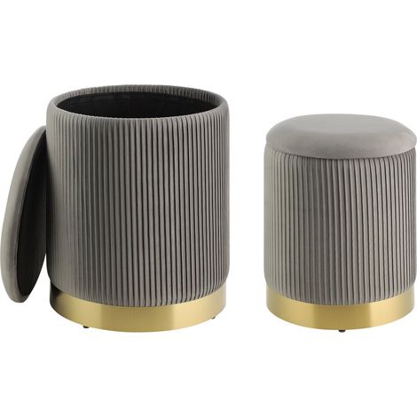 EGLO LIVING 2er Set Hocker mit Stauraum Mashike, elegante Sitzhocker, runde Couch Beistellhocker, Pouf aus Samt in Grau und Metall in Gold, Samthocker Ø 36 cm