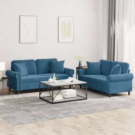 2-tlg. Sofagarnitur mit Kissen Blau Samt