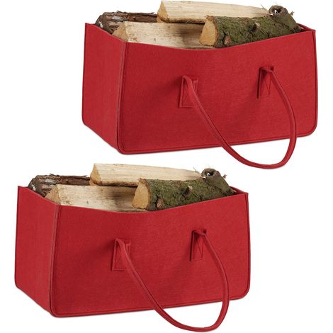 2 Bolsas para Leños con Asas Largas, Fieltro, 25 x 25 x 50 cm, Rojo