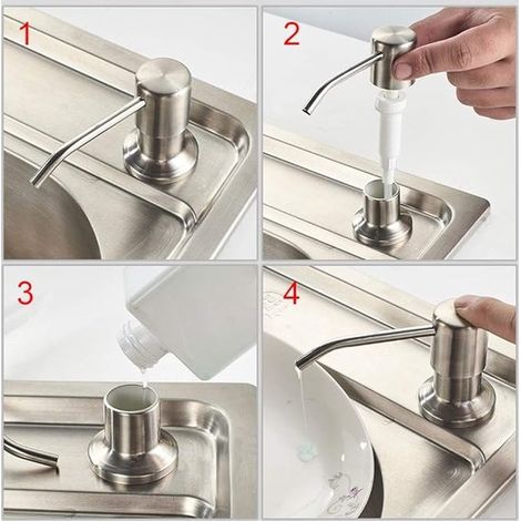 Distributeur de savon intégré, 350 ml, pour plan de travail de cuisine, argenté, inox, pratique, L (1/5)