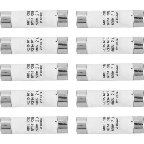 Fusible cylindrique à haute capacité de coupure, 10 pièces, avec dispositif indicateur, 10x38, 380-500VAC, 2A (1/4)