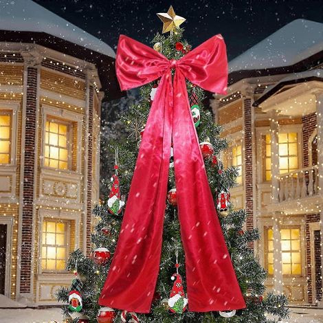 Bocqde Décoration de sapin de Noël extra large avec nœud rouge, ruban de satin et longs rubans, rouge, 120 cm. (1/5)