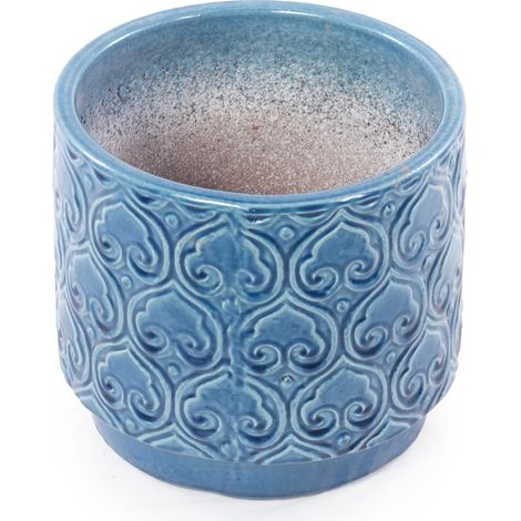 Set 4 vasi in ceramica blu lucida con rilievo a cuore, fori di drenaggio (1/5)