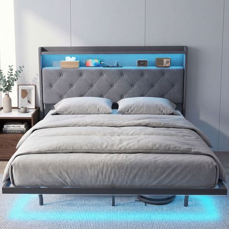 Cadre de lit 140 x 190 cm avec sommier acier. lit 2 personnes flottant avec lumières LED RGB et station de charge. gris