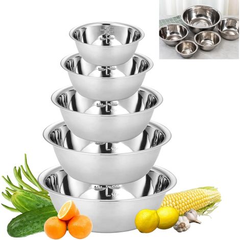 Ensemble de 5 bols en acier inoxydable,saladier à fond plat, saladier avec graduation,empilable,de service pour la cuisine, la pâtisserie, les salades, 14/16/20/22/24 cm (1/5)