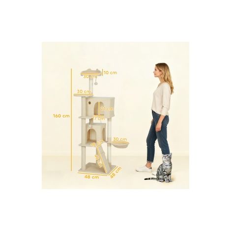 Arbre à chat beige 160 cm avec hamac, niche, échelle, poteaux en sisal et 2 balles en peluche pour salon et chambre (1/5)