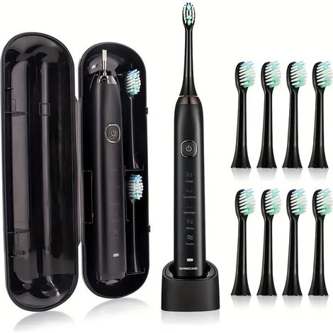 Brosse à dents électrique pour adultes, 8 têtes de brosse, étui de voyage, chargement sans fil, 5 modes de nettoyage, minuteur intelligent de 2 minutes, brosse à dents sonique, blanchiment ultra-effic (1/5)