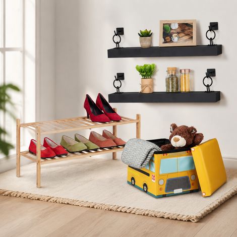 Stapelbares Bambus-Aufbewahrungsset (3-teilig) - Bambus-Schuhregal, schwarze Wandregale & faltbare Spielzeugbox (1/5)
