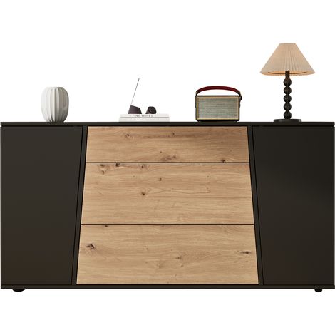 Buffet Meuble de Rangement Salon Cuisine 3 Tiroirs 2 Portes Noir et Bois Naturel 140x35x70 cm (1/5)