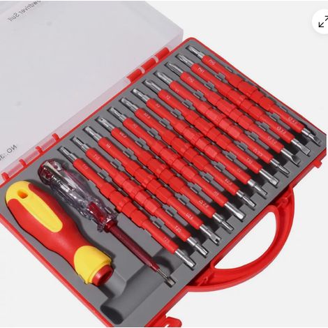 Tournevis Isolé - Jeu de 26 Pièces avec Embouts Magnétiques - Outils pour Électricien - Boîtier Rigide - 1000 V (1/5)