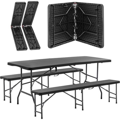 Table de Pique-Nique Pliante 6 ft avec 2 Bancs, Plateau HDPE Effet Bois, Verrouillage Sécurité, Noir