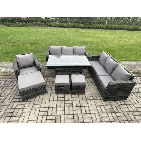 Fimous 10 Sitzer Outdoor Rattan Gartenmöbel-Set Langer Rechteckiger Esstisch und Sesseln Set mit 3 Sitzer Sofa 3PC Hockern Dunkelgrau gemischt (1/5)