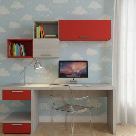 Angolo studio moderno con cassettiera sfalsata per cameretta - Rovere Rock e Rosso