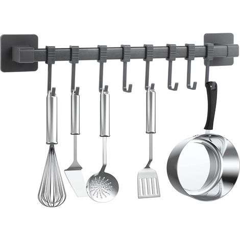 Patère de cuisine sans perçage, autocollante, noire, crochet mural mobile pour ustensiles de cuisine, ustensiles de cuisine, porte-couteaux, 8 crochets (1/5)