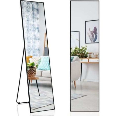 Agrandit visuellement la pièce, miroir sur pied 160 x 40 cm, mural ou à poser, cadre en aluminium, chambre (1/5)